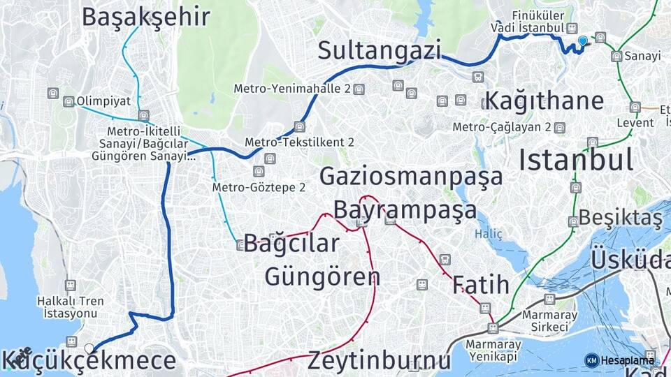 İstanbul Kağıthane Seyrantepe Küçükçekmece Arası Kaç Km - Yol Haritası