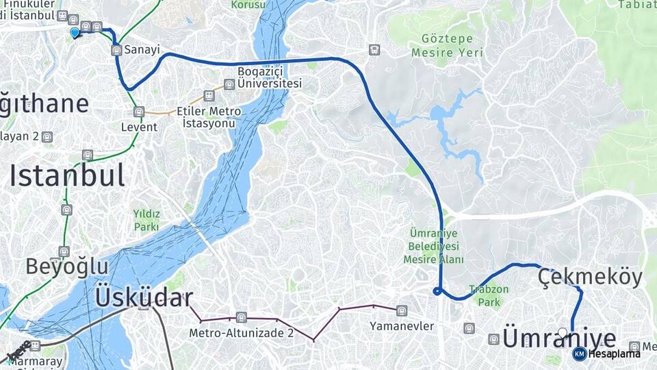 İstanbul Kağıthane Seyrantepe Ümraniye Arası Kaç Km - Yol Haritası