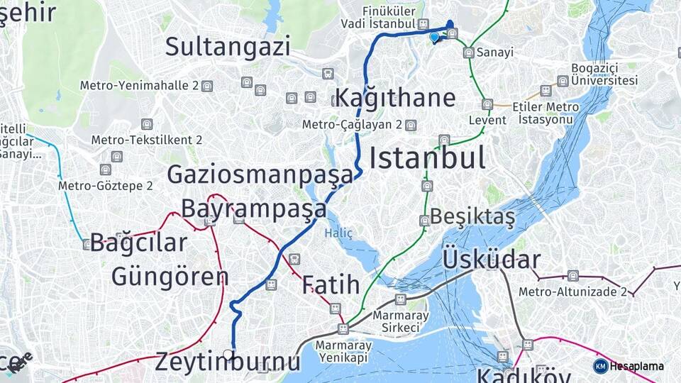 İstanbul Kağıthane Seyrantepe Zeytinburnu Arası Kaç Km - Yol Haritası