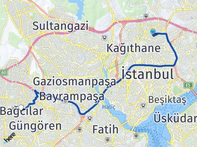 İstanbul Kağıthane Şirintepe Bağcılar Arası Kaç Km - Yol Haritası