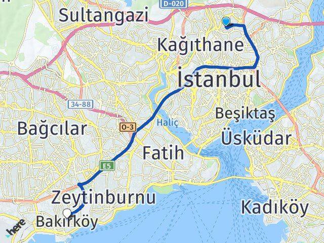 İstanbul Kağıthane Şirintepe Bakırköy Arası Kaç Km - Yol Haritası