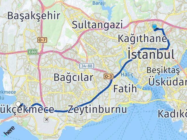 İstanbul Kağıthane Şirintepe Küçükçekmece Arası Kaç Km - Yol Haritası