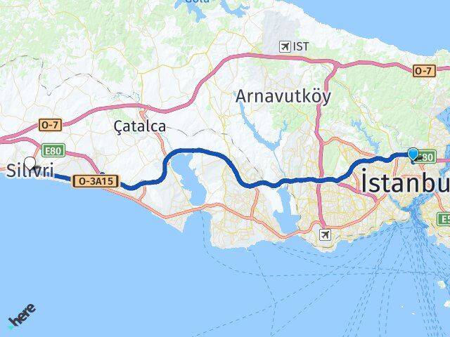 İstanbul Kağıthane Şirintepe Silivri Arası Kaç Km - Yol Haritası