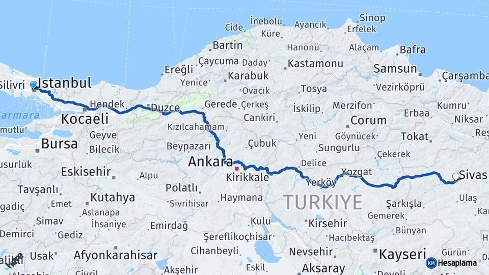 İstanbul Kağıthane Sivas Arası Kaç Km - Yol Haritası