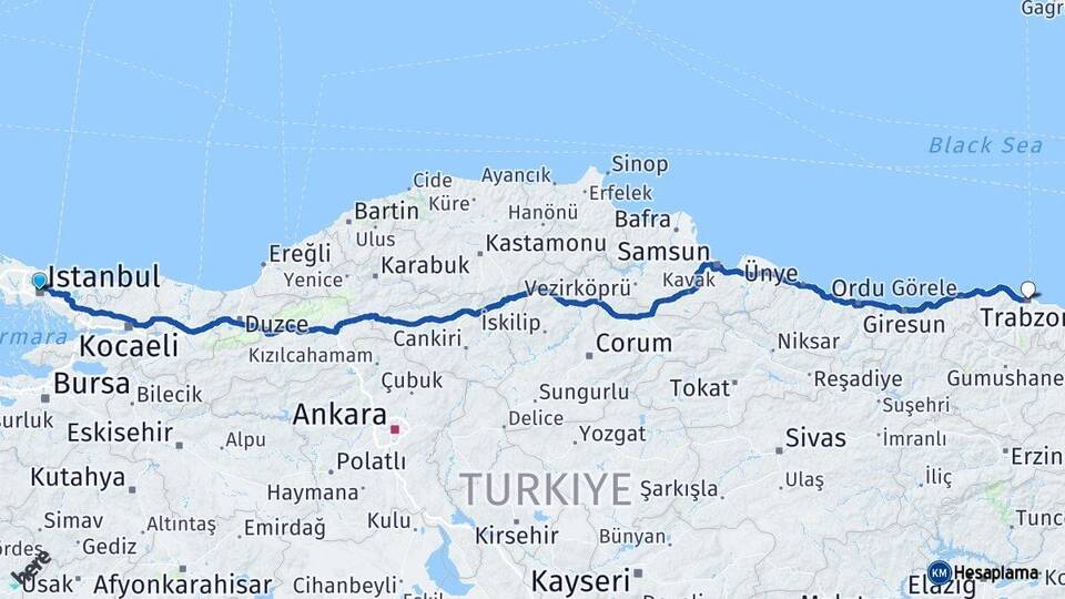 İstanbul Kağıthane Trabzon Arası Kaç Km - Yol Haritası