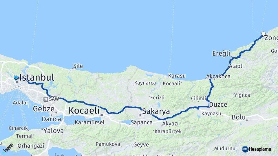 İstanbul Kağıthane Zonguldak Arası Kaç Km - Yol Haritası