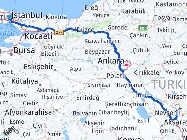 İstanbul Kapadokya Havalimanı Arası Kaç Km - Yol Haritası