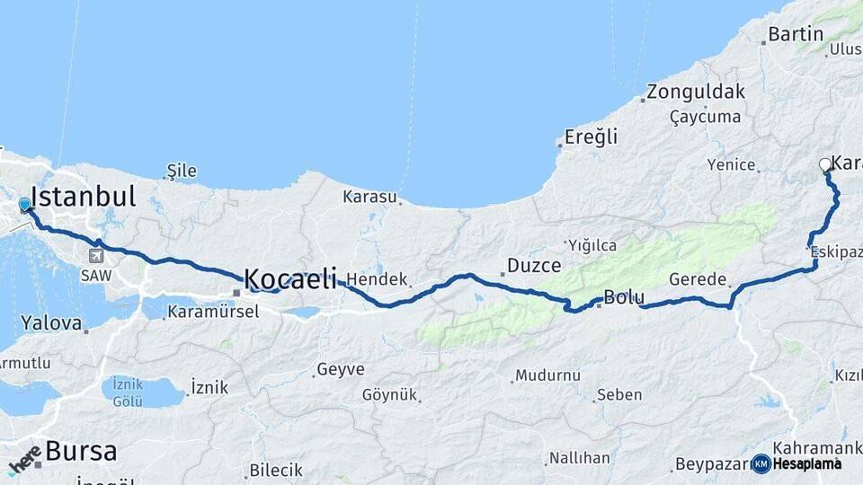 İstanbul Karabük Arası Kaç Km - Yol Haritası