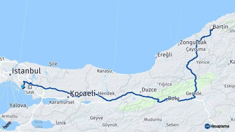 İstanbul Kartal Bartın Arası Kaç Km - Yol Haritası