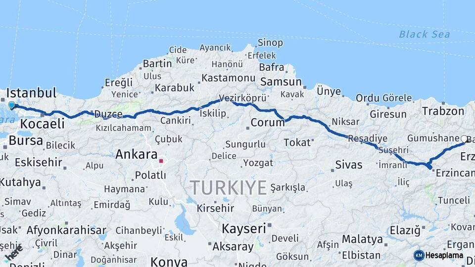 İstanbul Kartal Bayburt Arası Kaç Km - Yol Haritası