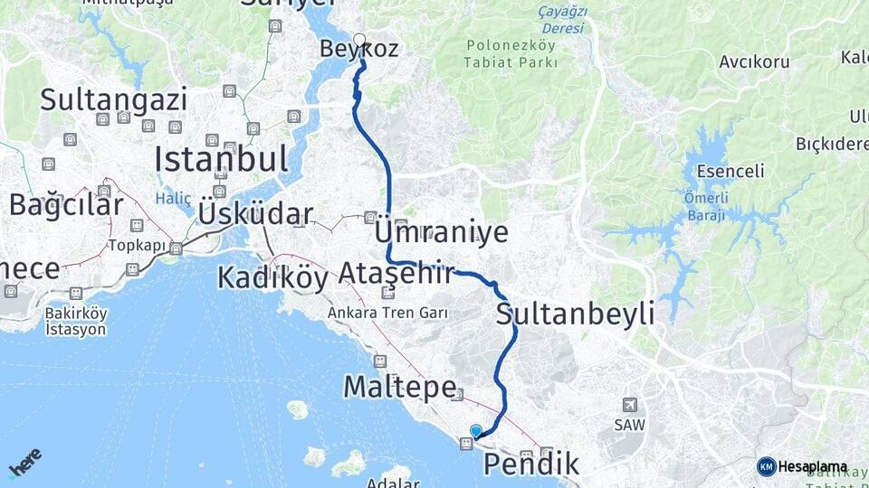 İstanbul Kartal Beykoz Arası Kaç Km - Yol Haritası