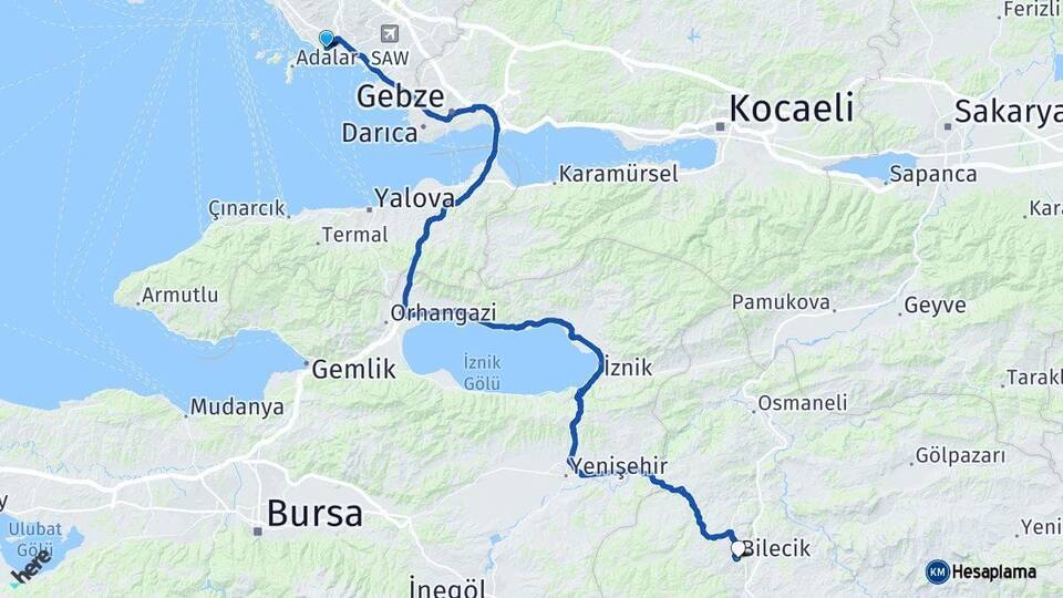 İstanbul Kartal Bilecik Arası Kaç Km - Yol Haritası
