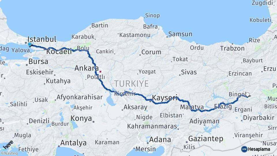 İstanbul Kartal Bingöl Arası Kaç Km - Yol Haritası