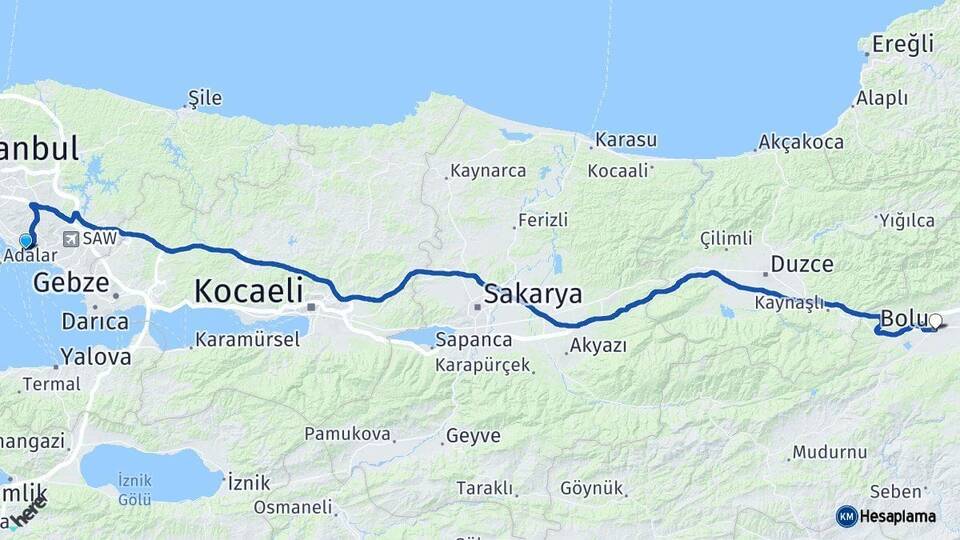 İstanbul Kartal Bolu Arası Kaç Km - Yol Haritası