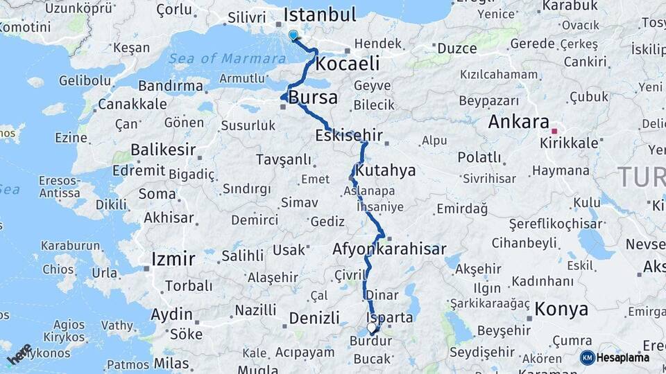 İstanbul Kartal Burdur Arası Kaç Km - Yol Haritası