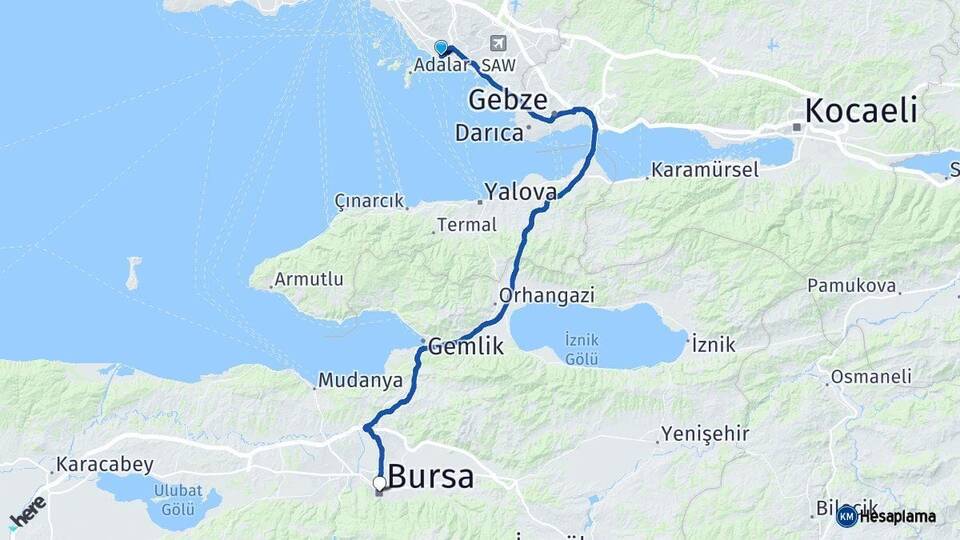 İstanbul Kartal Bursa Arası Kaç Km - Yol Haritası
