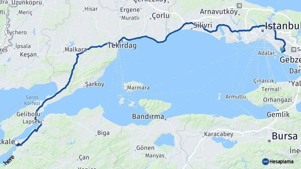 İstanbul Kartal Çanakkale Arası Kaç Km - Yol Haritası