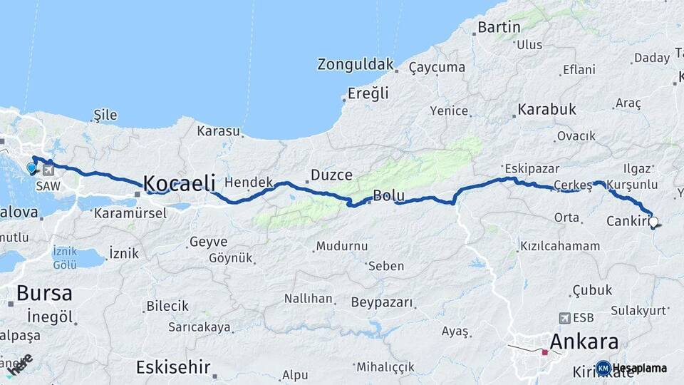 İstanbul Kartal Çankırı Arası Kaç Km - Yol Haritası