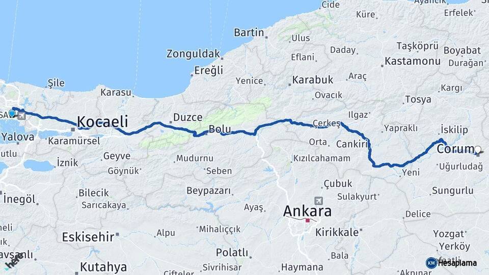 İstanbul Kartal Çorum Arası Kaç Km - Yol Haritası