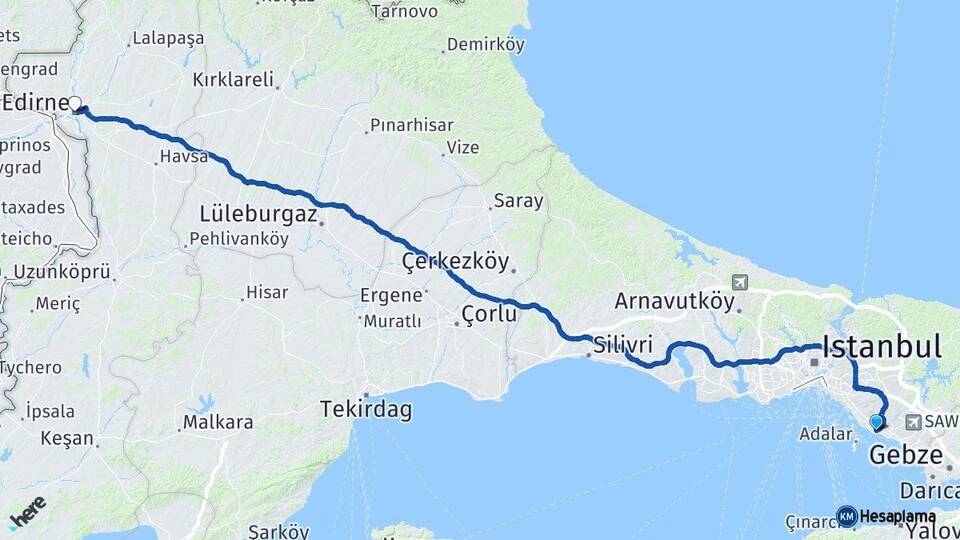 İstanbul Kartal Edirne Arası Kaç Km - Yol Haritası