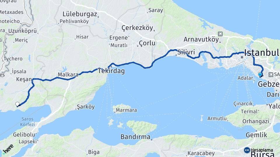 İstanbul Kartal Erikli Keşan Edirne Arası Kaç Km - Yol Haritası
