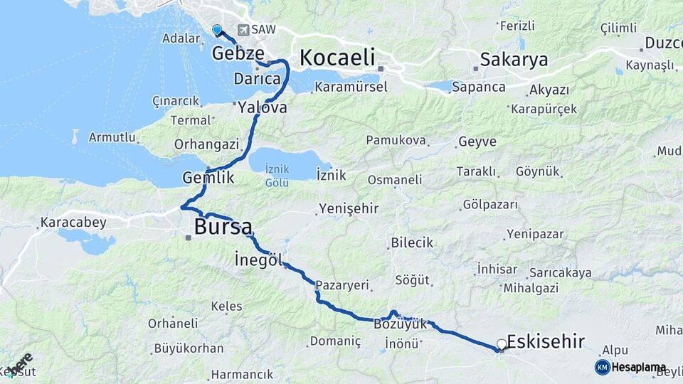 İstanbul Kartal Eskişehir Arası Kaç Km - Yol Haritası