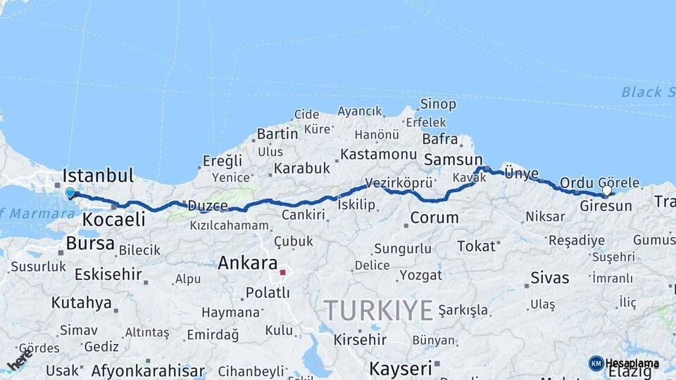 İstanbul Kartal Giresun Arası Kaç Km - Yol Haritası
