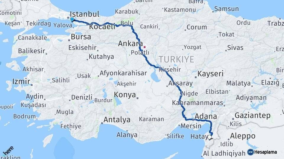 İstanbul Kartal Hatay Arası Kaç Km - Yol Haritası