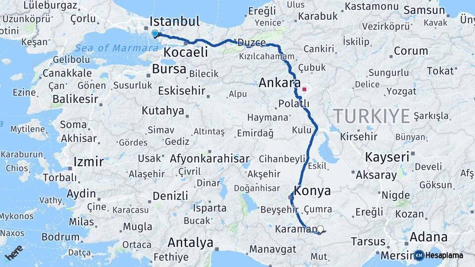 İstanbul Kartal Karaman Arası Kaç Km - Yol Haritası