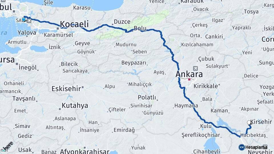 İstanbul Kartal Kırşehir Arası Kaç Km - Yol Haritası