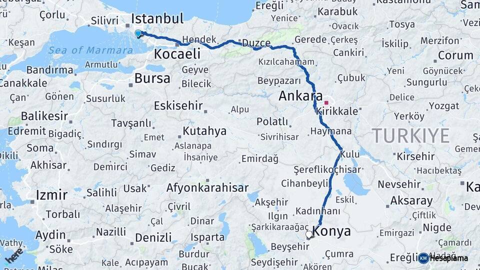 İstanbul Kartal Konya Arası Kaç Km - Yol Haritası