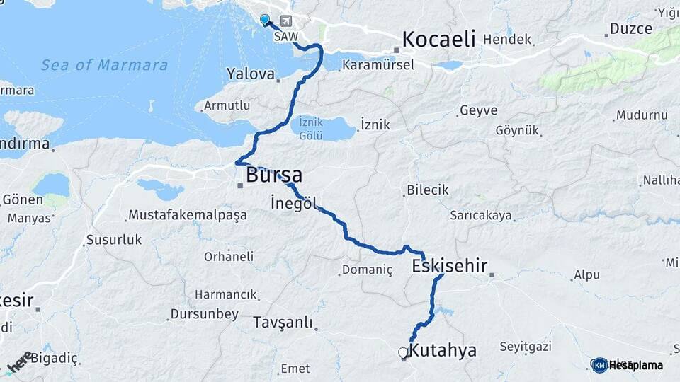 İstanbul Kartal Kütahya Arası Kaç Km - Yol Haritası