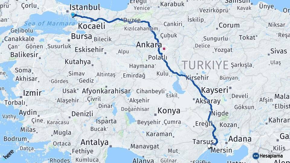İstanbul Kartal Mersin Arası Kaç Km - Yol Haritası