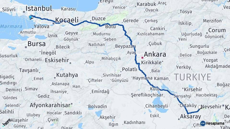 İstanbul Kartal Nevşehir Arası Kaç Km - Yol Haritası