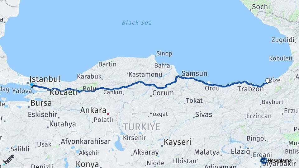 İstanbul Kartal Rize Arası Kaç Km - Yol Haritası