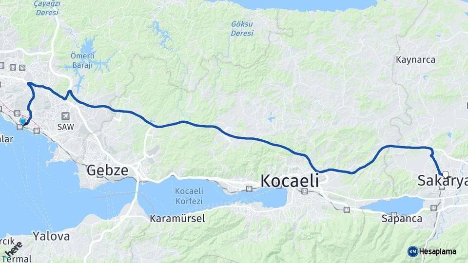 İstanbul Kartal Sakarya Arası Kaç Km - Yol Haritası