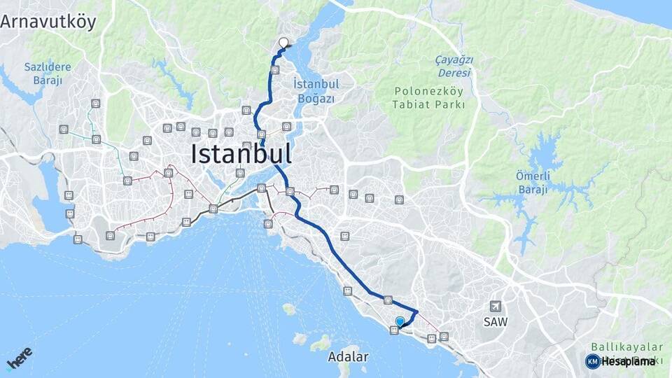 İstanbul Kartal Sarıyer Arası Kaç Km - Yol Haritası