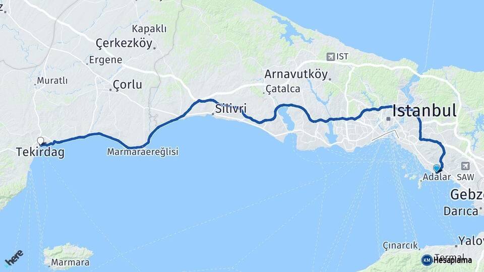 İstanbul Kartal Tekirdağ Arası Kaç Km - Yol Haritası