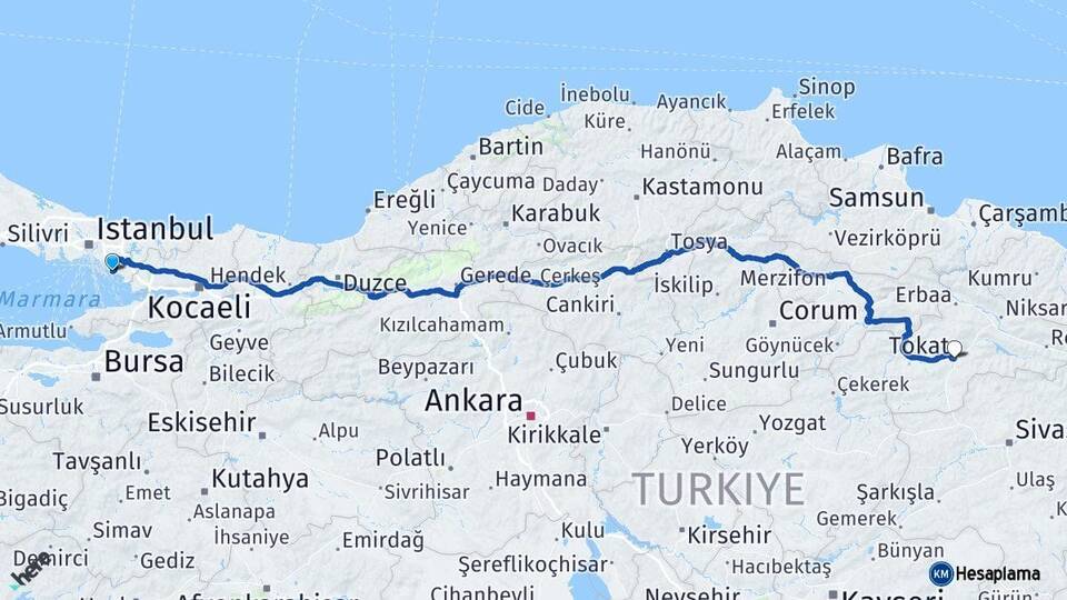 İstanbul Kartal Tokat Arası Kaç Km - Yol Haritası
