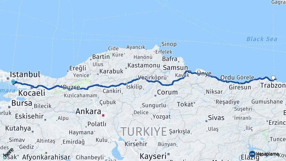 İstanbul Kartal Trabzon Arası Kaç Km - Yol Haritası