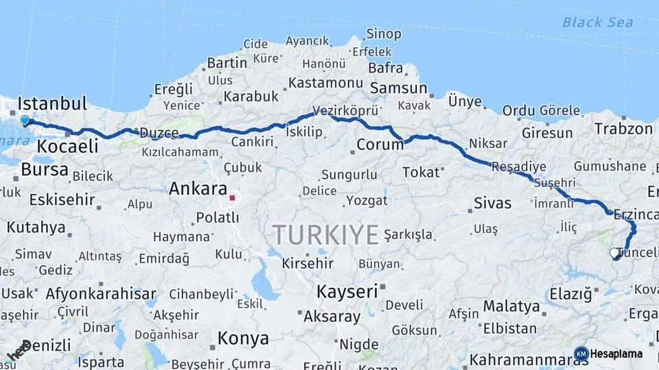 İstanbul Kartal Tunceli Arası Kaç Km - Yol Haritası