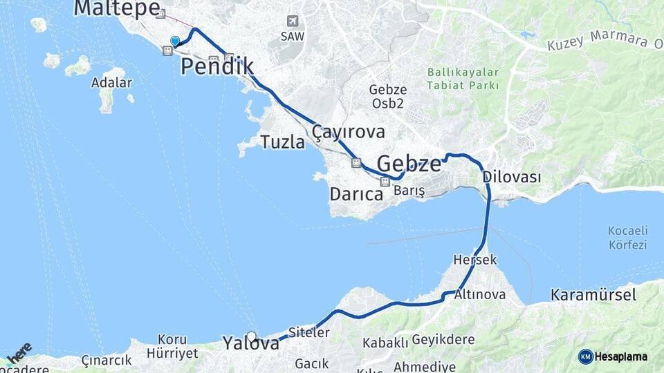 İstanbul Kartal Yalova Arası Kaç Km - Yol Haritası
