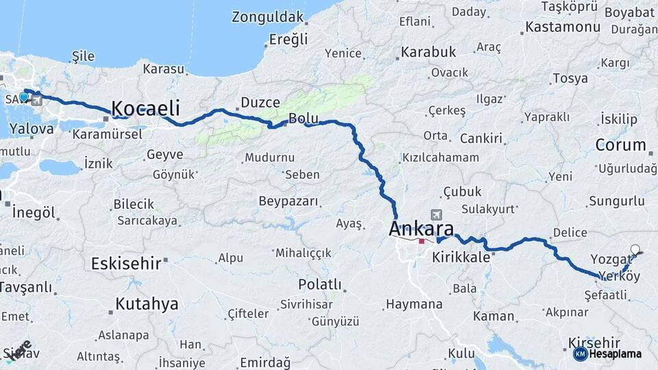 İstanbul Kartal Yozgat Arası Kaç Km - Yol Haritası