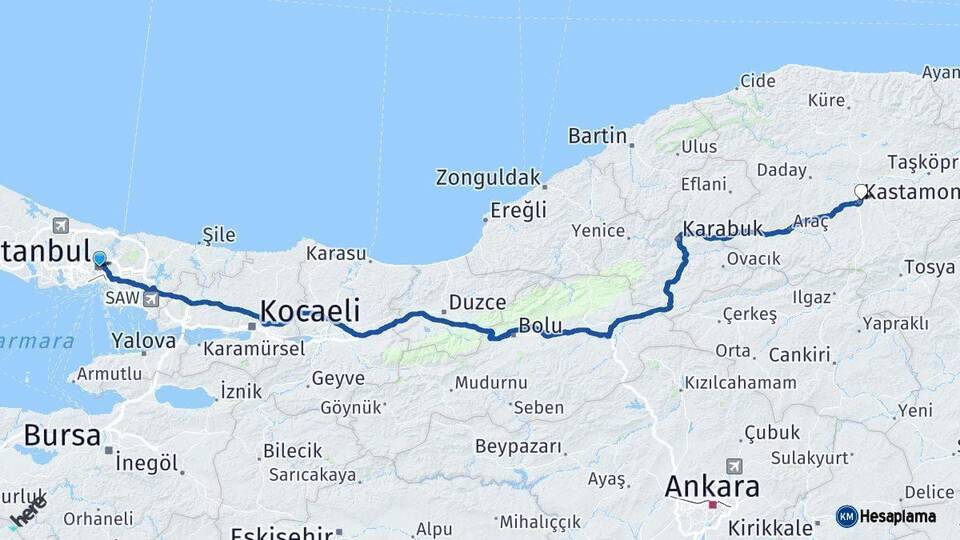 İstanbul Kastamonu Arası Kaç Km - Yol Haritası