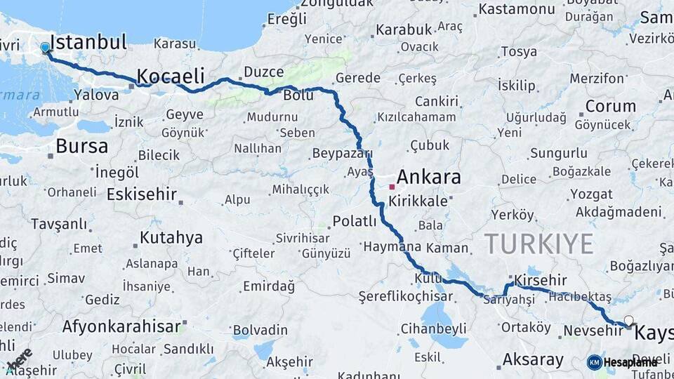 İstanbul Kayseri Arası Kaç Km - Yol Haritası