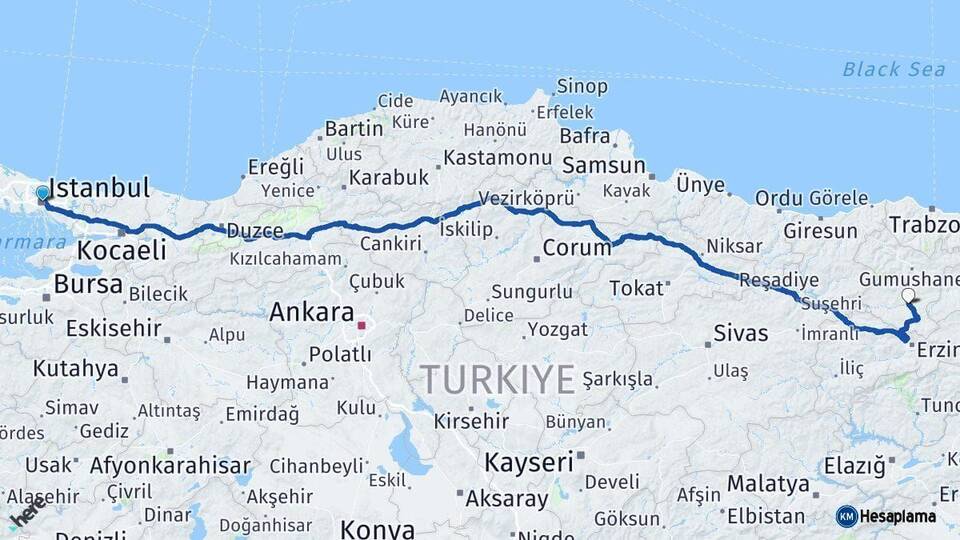 İstanbul Kelkit Gümüşhane Arası Kaç Km - Yol Haritası