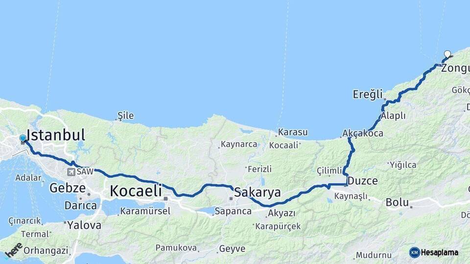 İstanbul Kilimli Zonguldak Arası Kaç Km - Yol Haritası