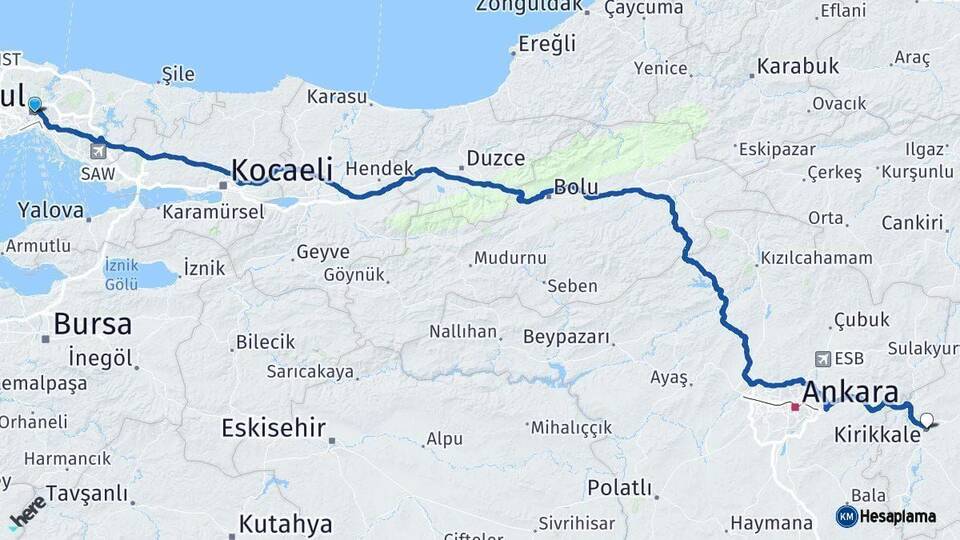 İstanbul Kırıkkale Arası Kaç Km - Yol Haritası
