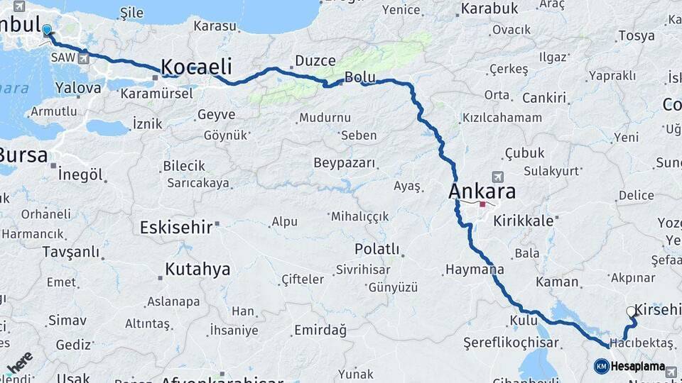 İstanbul Kırşehir Arası Kaç Km - Yol Haritası