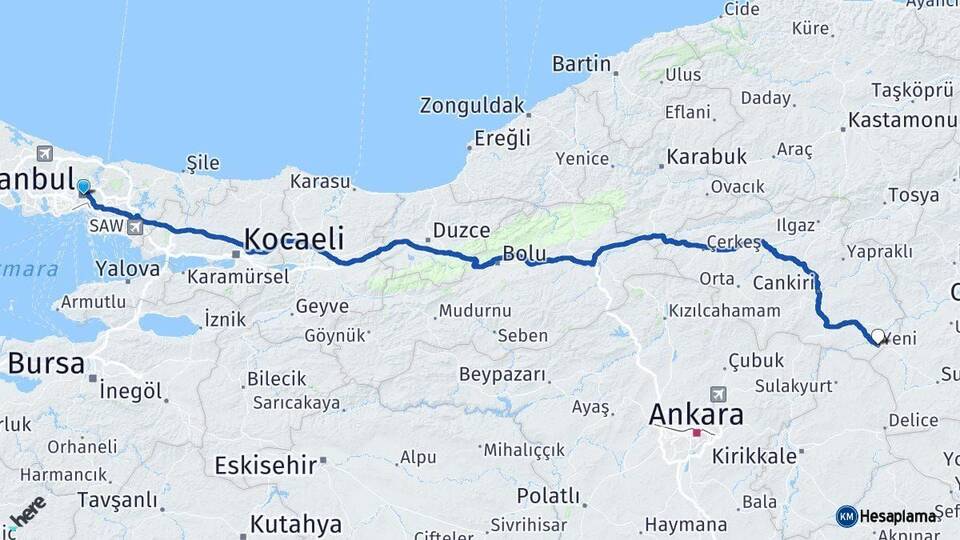 İstanbul Kızılırmak Çankırı Arası Kaç Km - Yol Haritası